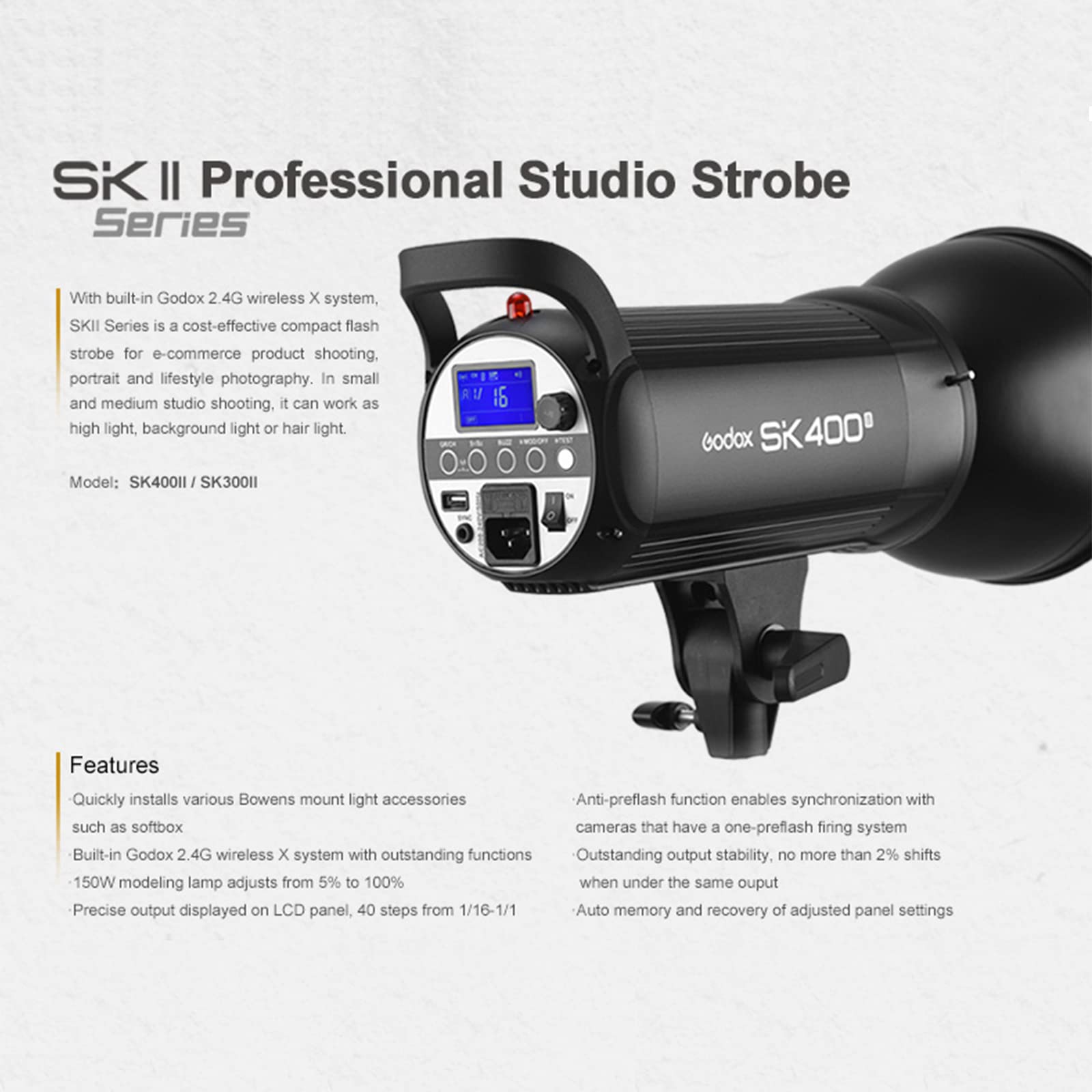 Godox SK400II Strobe Flash Light,400Ws GN65 5600K 2.4G Bowens